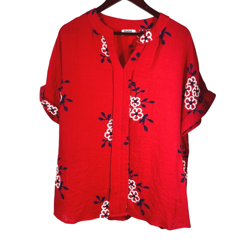 Kindred Plus Size 1X Red Embroidered Floral Blouse Short‎ Sleeve V-Neck Top